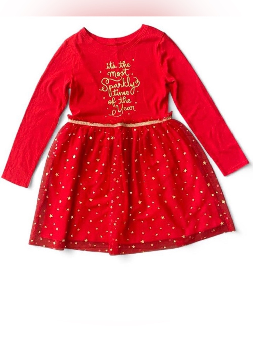 Red Girls' Holiday Sparkle Dress with Gold Stars